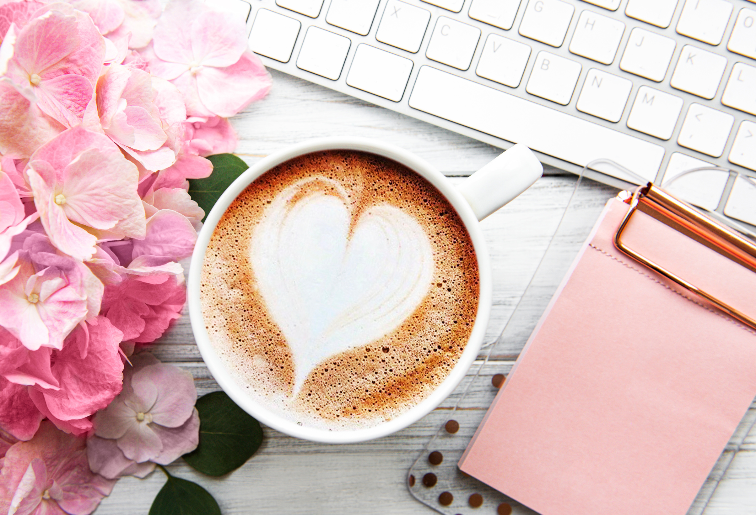 Home Office Desk Workspace with Pink Hydrangea Flower Bouquet, C